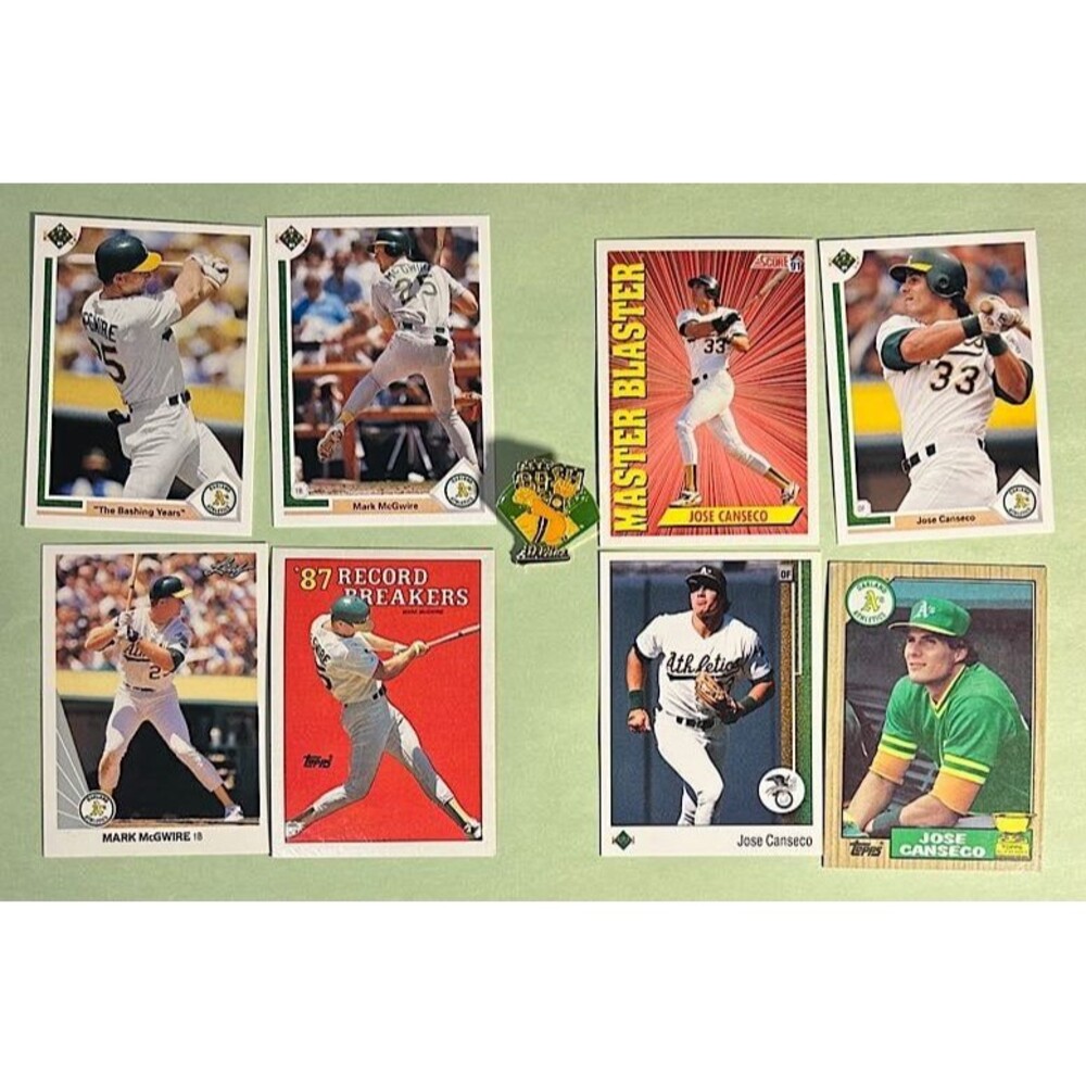 Oakland A’ Bash Brothers pin + Mark McGwire, Jose Canseco 8 Card Lot 1987 and up